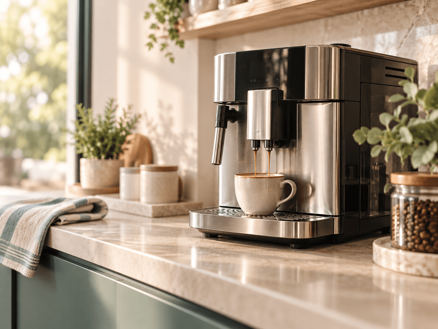 Coffee machine in a sunny kitchen