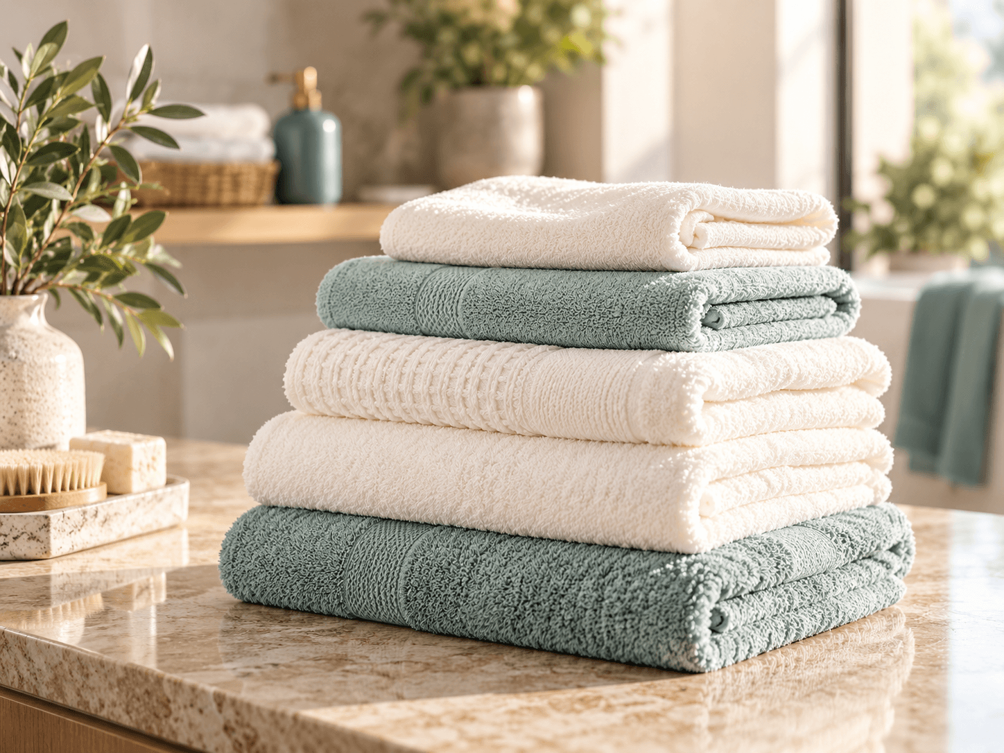 Soft cream and sage-green towels