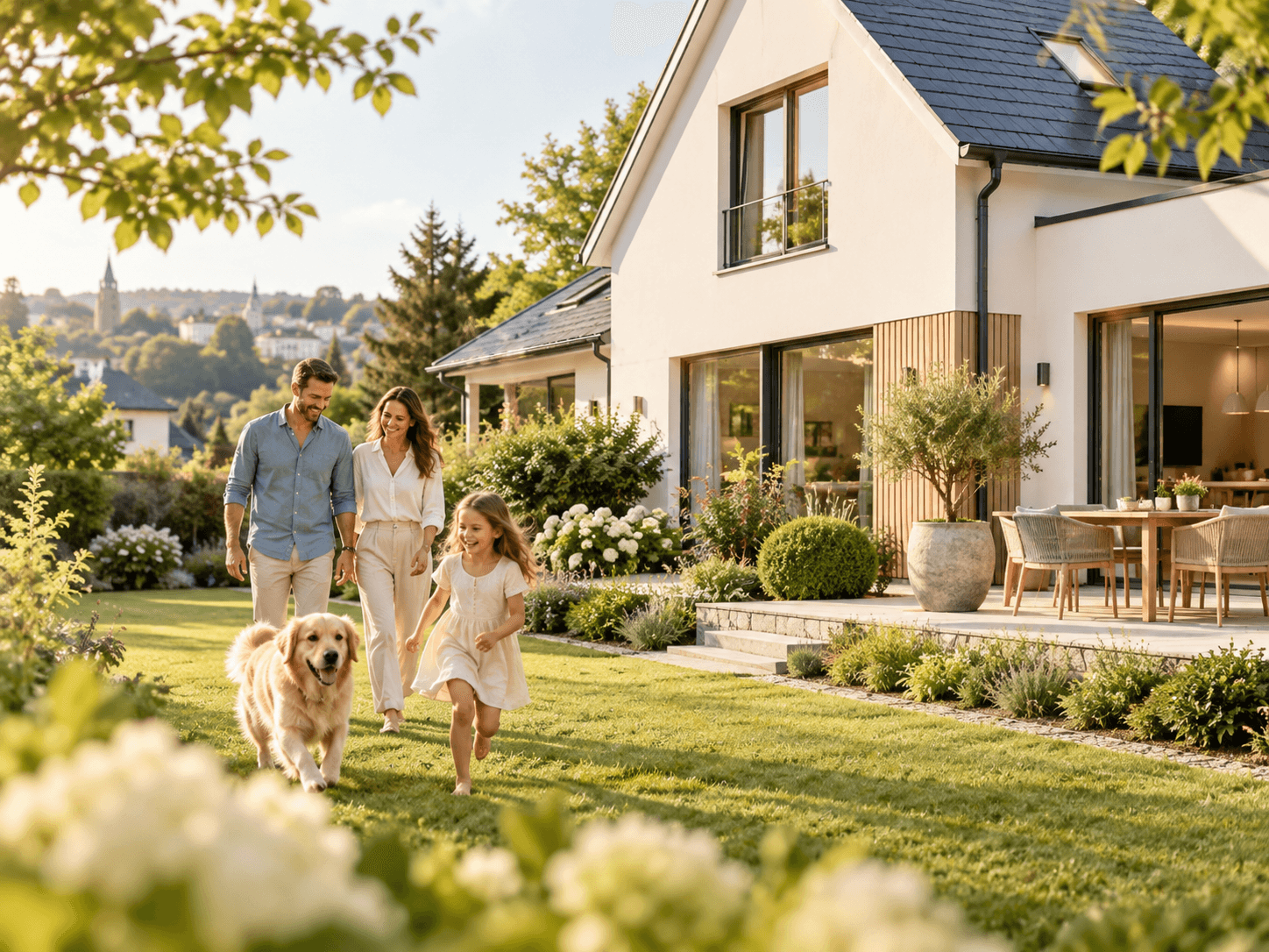 Family in the garden of a bright house