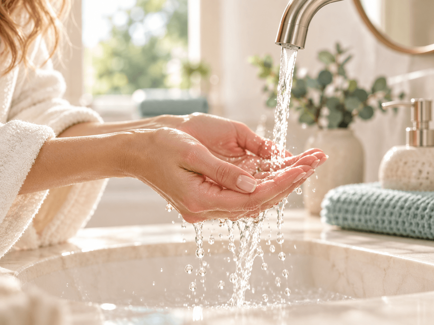 Hands under clear running water in a bright bathroom