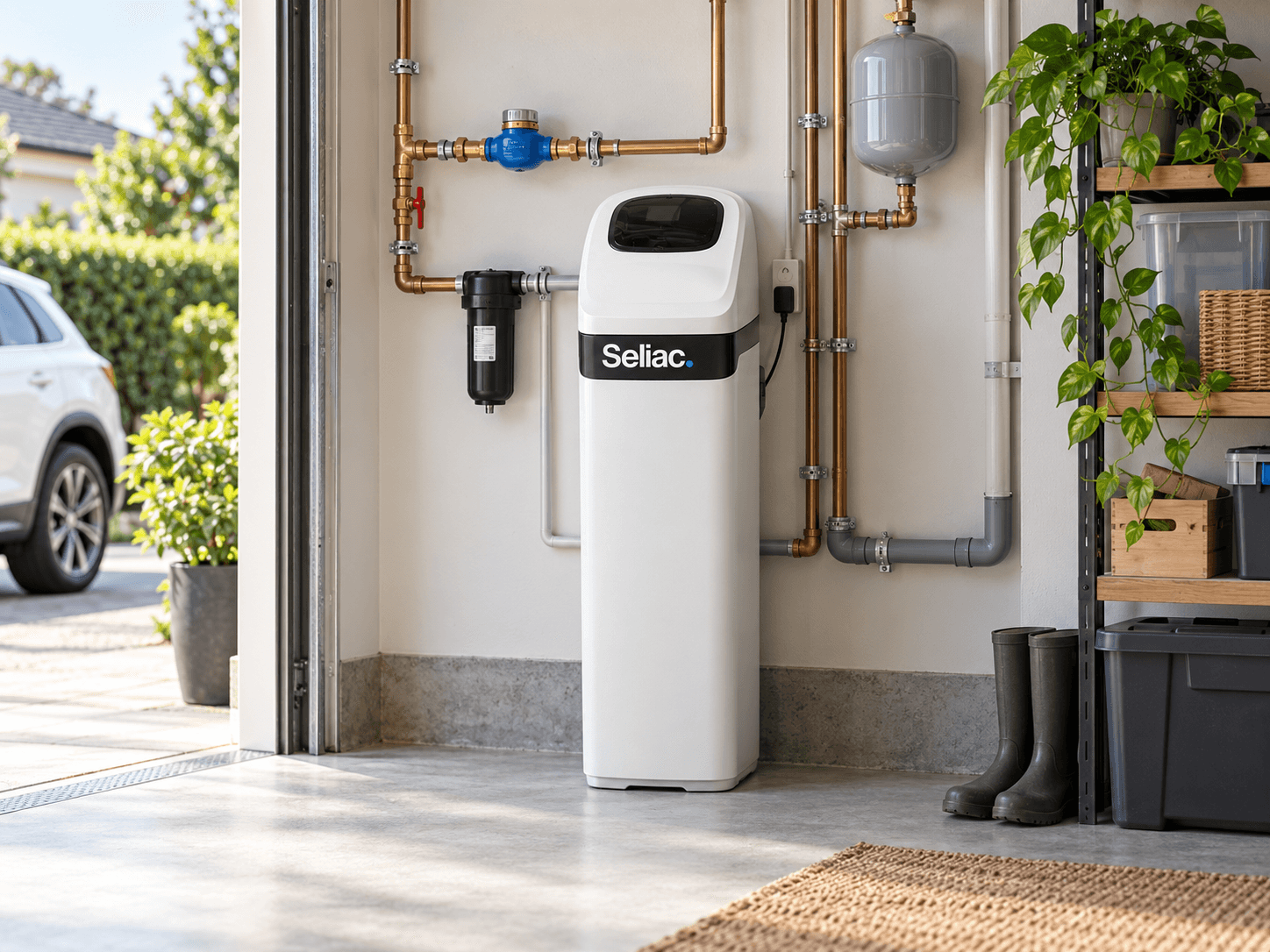 Seliac water softener installed in a garage
