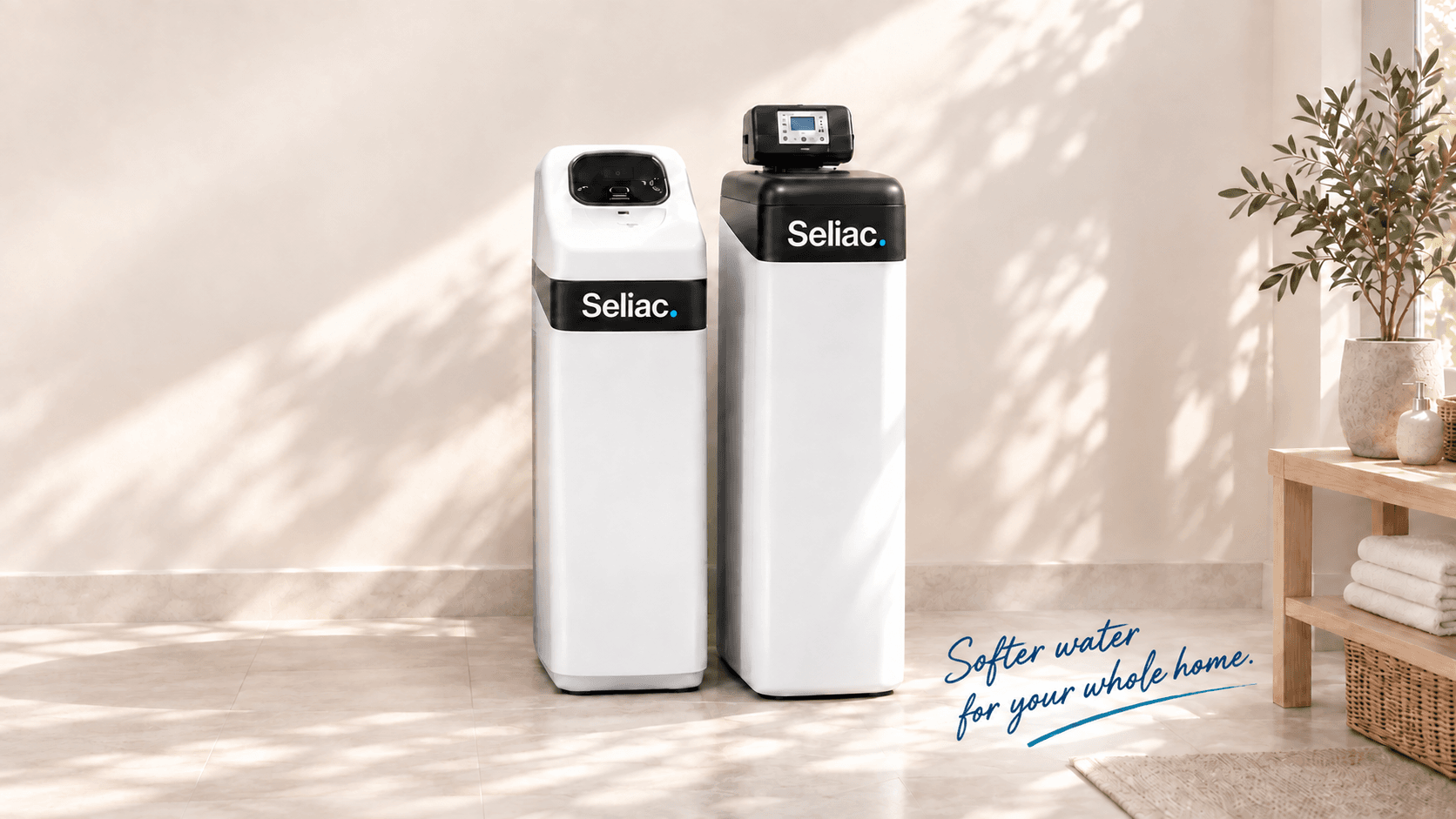 Two Seliac water softeners in a bright interior. Softer water for your whole home.