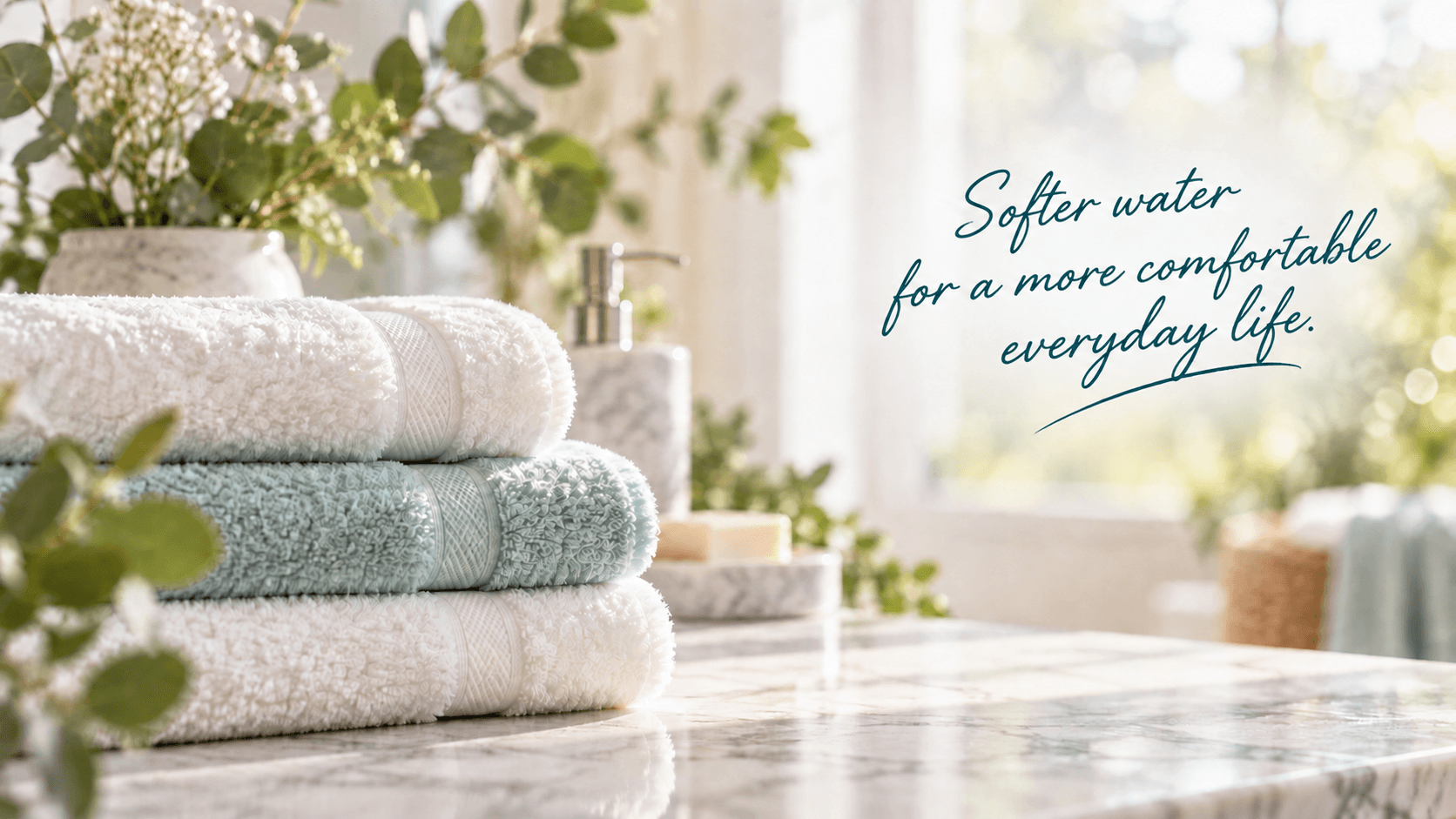 Soft towels in a bright bathroom. Softer water for a more comfortable everyday life.