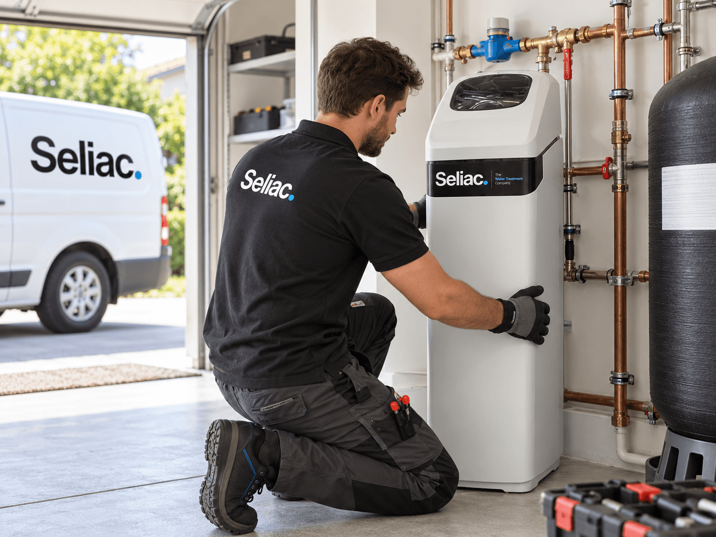 Technician installing a water softener beside a Seliac vehicle