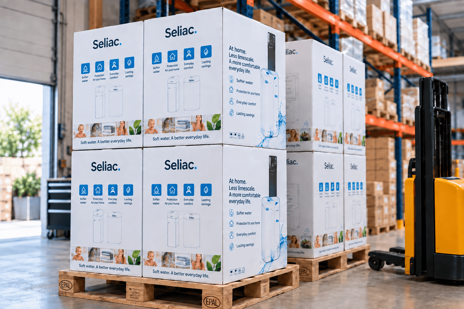 Boxes of Seliac water softeners on pallets in a warehouse
