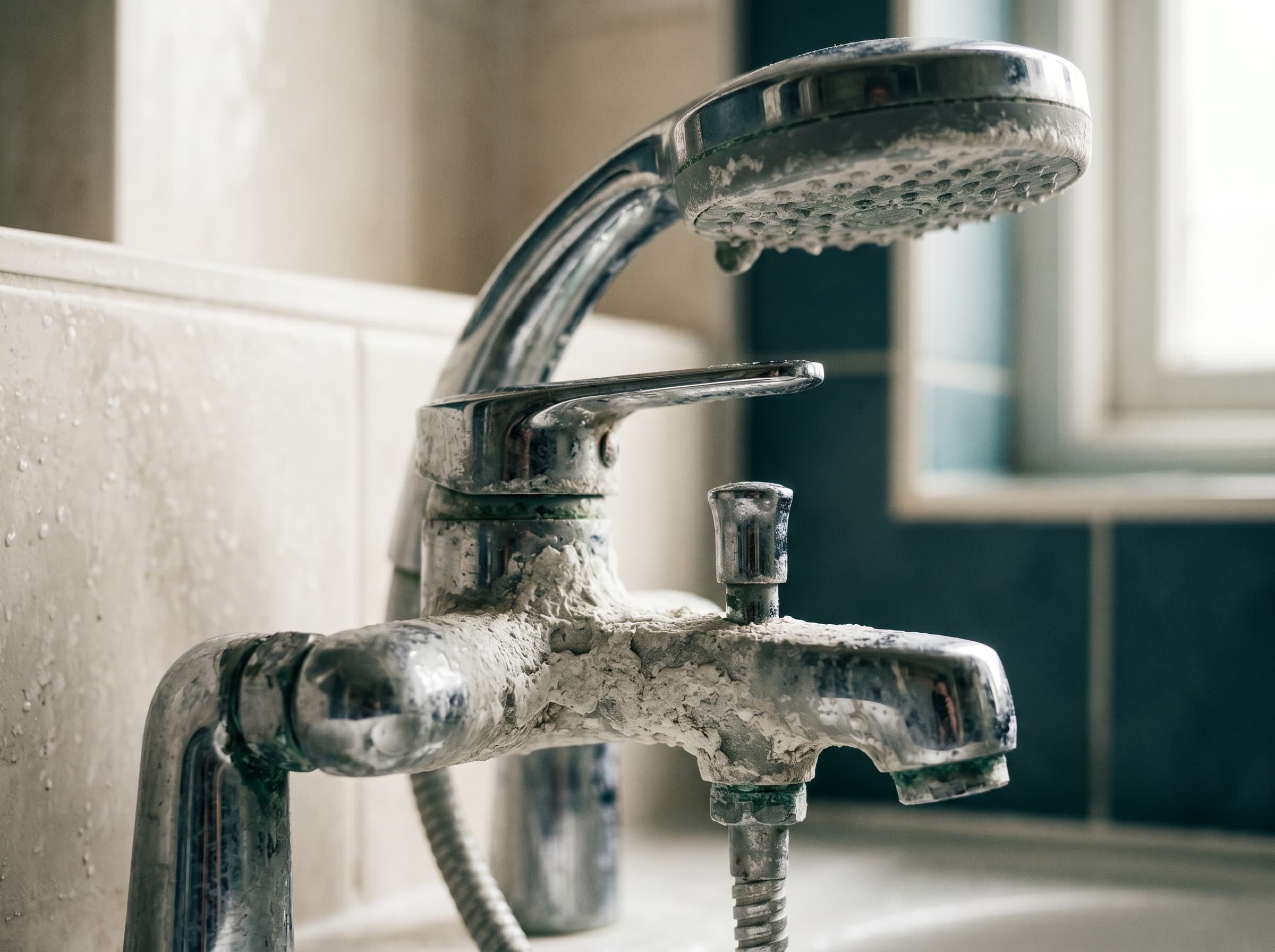 Kalk und Kalkablagerungen an einer Armatur durch hartes Wasser