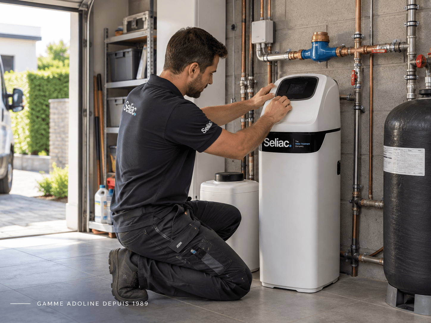 Technician installing a water softener in Luxembourg